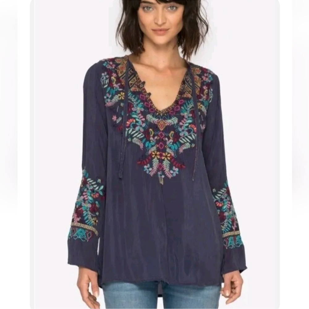 Johnny Was Floral Chiffon Sheesoh Embroidered Tunic Blouse Navy Blue XS